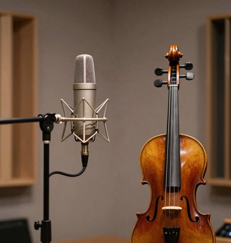 A professional recording session in a Southern European / Spanish studio. A high-end microphone positioned near a violin on a stand. Symmetrical composition, muted earth brown tones, elegant lighting.