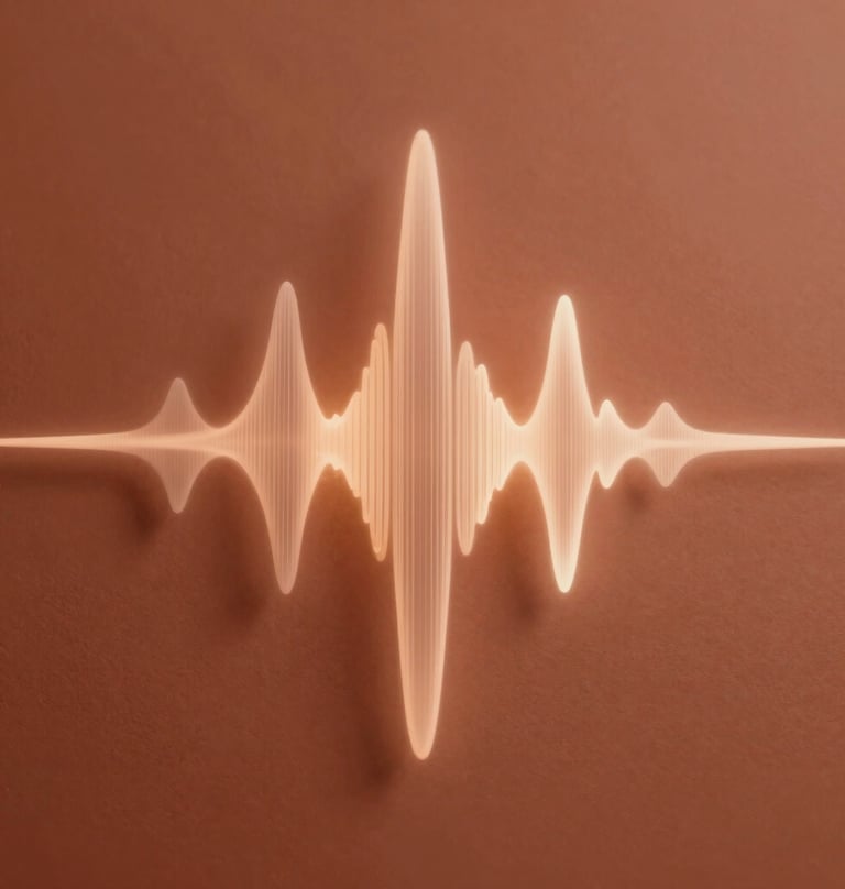 An abstract, artistic photograph of sound waves represented by light refractions on a smooth terracotta surface. Warm, sophisticated, and modern aesthetic.