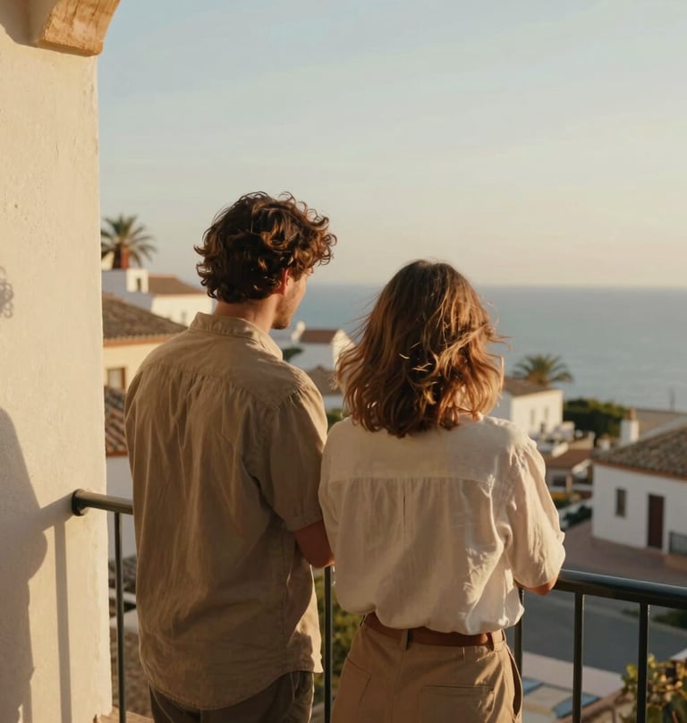 A couple sharing a quiet moment on a balcony overlooking a Spanish coastal town, warm golden light, cinematic composition with depth, soft textures in cream and wood.