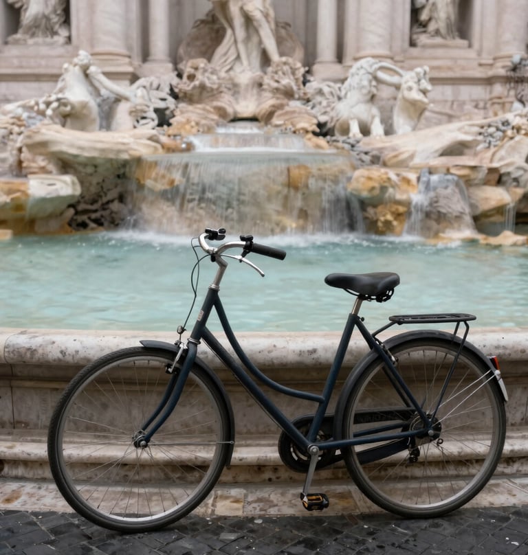 A long exposure shot of a bicycle leaning against a marble fountain in Rome. The water is a soft blur, and the #C4B29A stone looks ancient and textured. The image feels nostalgic and peaceful, like a memory frozen in time.
