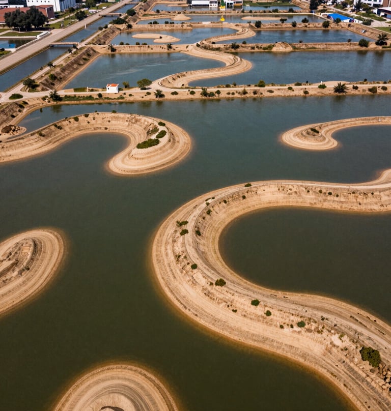 An aerial landscape photograph showing a sophisticated water management system in a peri-urban area. The image features organic shapes of water bodies and earth-toned embankments in olive green and warm sand beige.