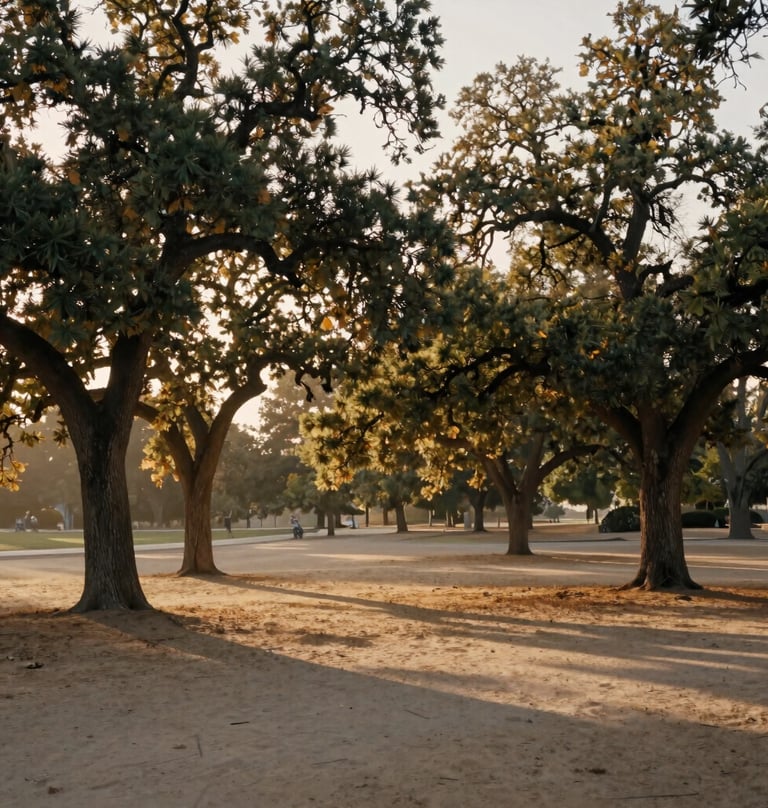 A cinematic landscape of a North American / US public park at golden hour, sun-drenched oak trees, soft sand hazy atmosphere, no people in frame, peaceful and authentic.