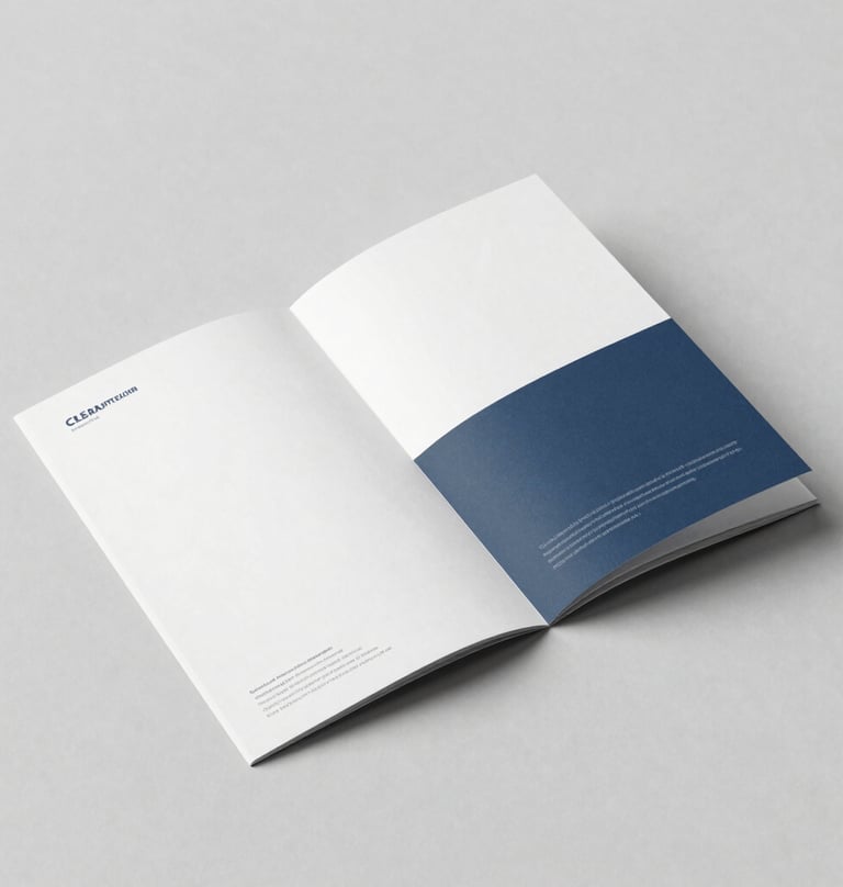 Clean photography of printed branding materials including a brochure and stationery on a light grey textured background, showcasing minimalist layout and professional slate blue accents.