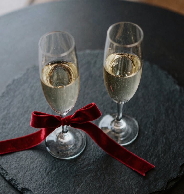 Top-down view of two champagne glasses on a black slate table, with a red velvet ribbon tied around one stem, North American / US luxury wedding style.
