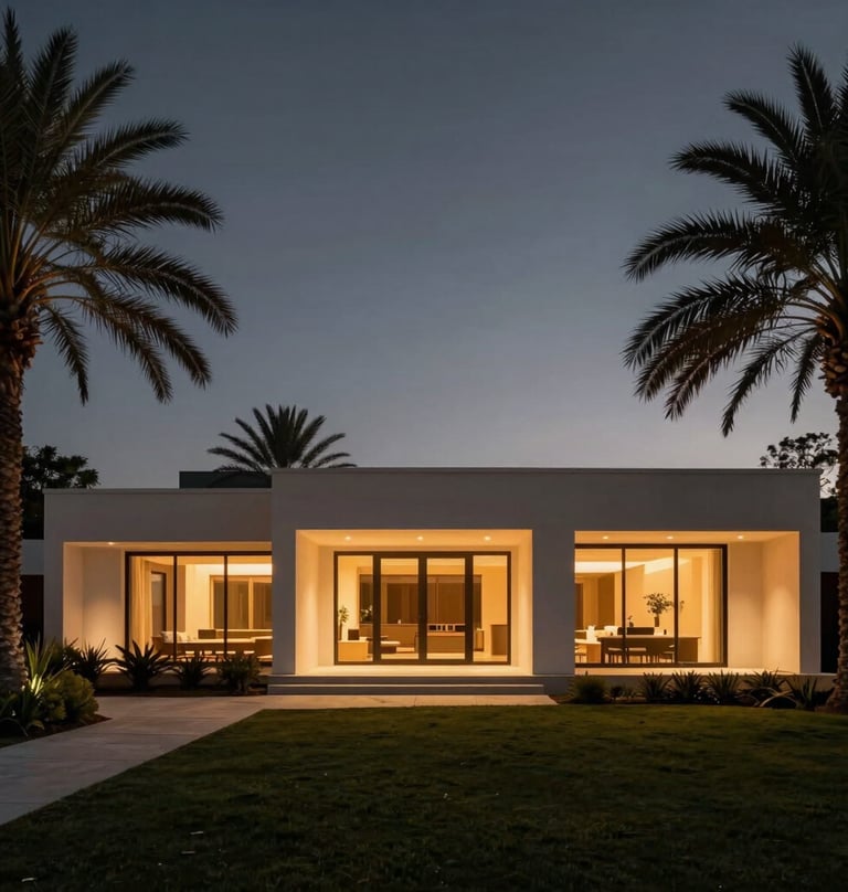 Full-width architectural photograph of the guesthouse at dusk. The building glows with warm internal lights against a deep charcoal sky. The structure looks elegant and minimal amidst the palms.