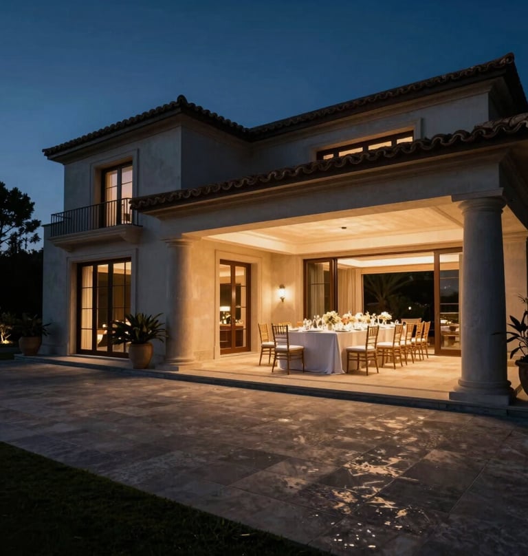 An wide-angle architectural shot of a luxury Spanish villa prepared for an evening reception. The interior glow spills out onto the dark stone terrace. Low light photography with high contrast and sophisticated mood.