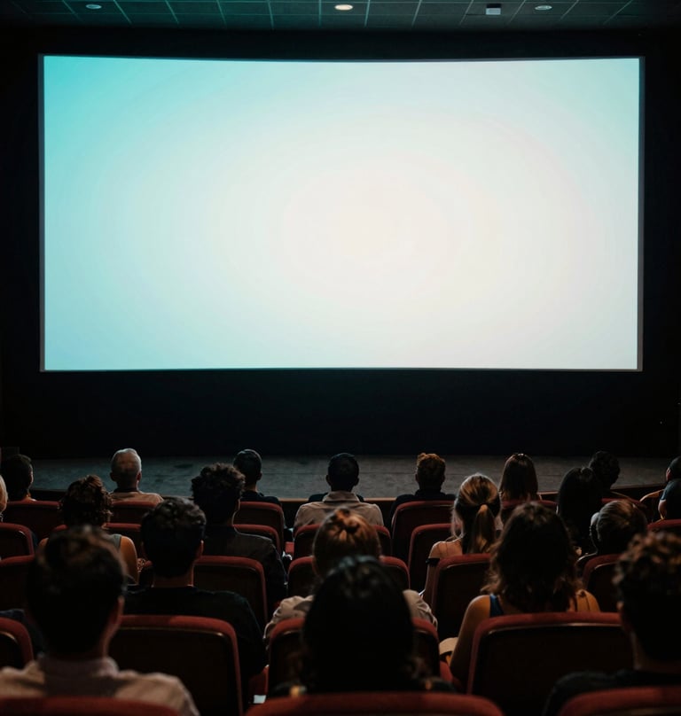 A sophisticated film festival auditorium in a South American / Brazilian city, silhouettes of an engaged audience watching a screen glowing with Deep Teal and Pearl White cinematic light.