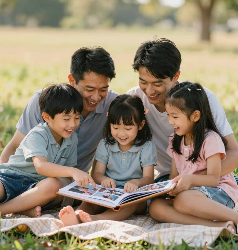 A family sitting on a blanket in a field, looking at a printed photo album together. They are laughing and pointing at pictures. Warm, inviting atmosphere.
