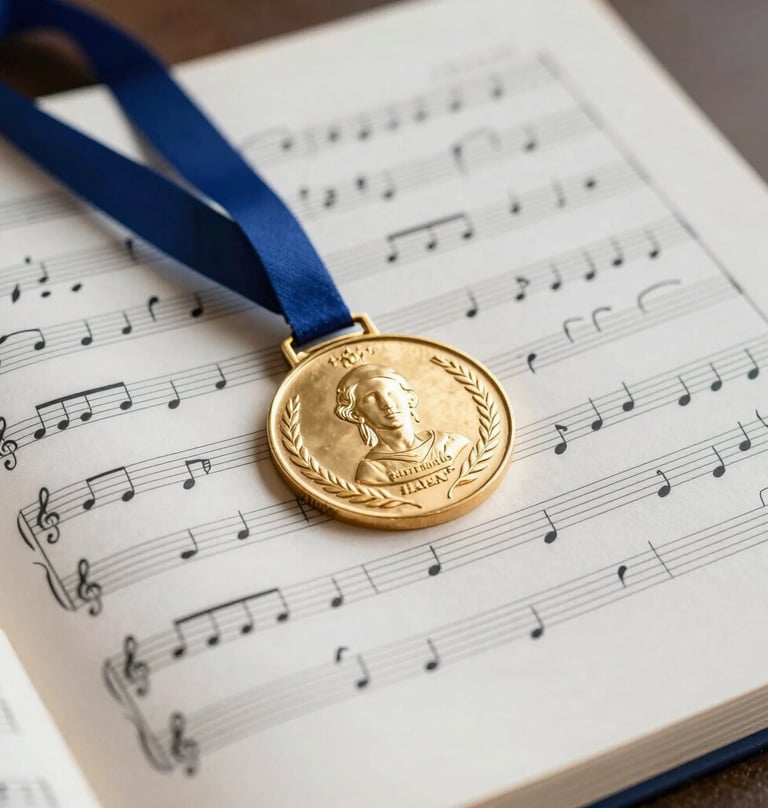 A stylized, high-contrast photo of an open sheet music score with hand-written performance notes and a gold medal resting on the page. The aesthetic is scholarly and artistic, using #2B2D42 and #F5F0EC colors.