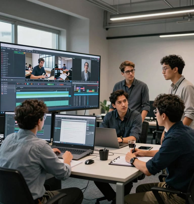 A group of creative directors and editors collaborating in a modern South American office, large screens showing video timelines, professional and focused atmosphere, neutral gray tones.