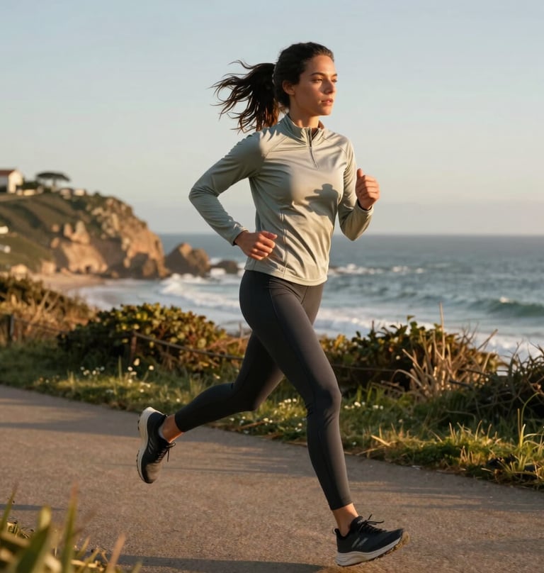 A dynamic photography shot of Fernanda jogging along a scenic coastal path. She is wearing silver sage and charcoal gear. The lighting is golden hour, warm and inspiring, showcasing movement.