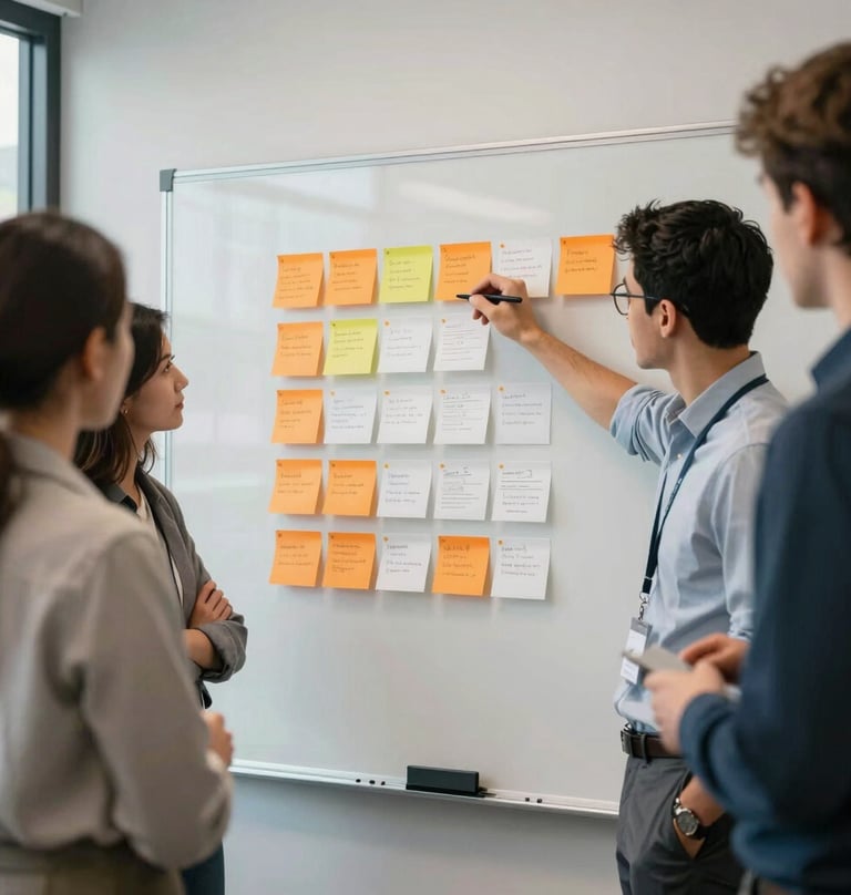 A dynamic professional team planning interactive e-learning modules in a North American / US agency office. They are gathered around a whiteboard with orange-and-white color-coded sticky notes, reflecting a highly creative corporate setting.