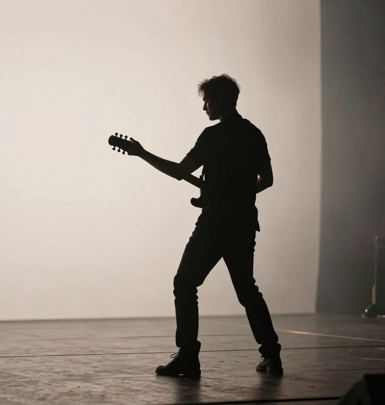 Cinematic wide shot of a musician in silhouette against a soft mist off-white light source, dark stage floor, atmosphere of discipline and focus.