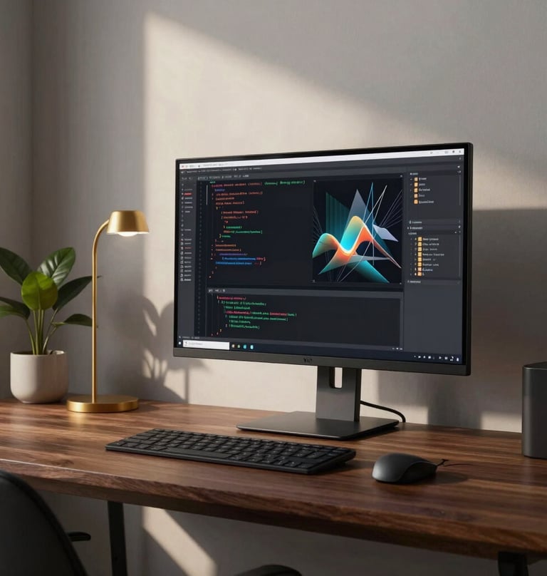 A minimalist, modern workspace captured in soft morning light. On a dark wooden desk sits a large monitor displaying complex lines of code and a generative visual preview. The room is decorated with subtle Burnished Gold accents and a single architectural plant.