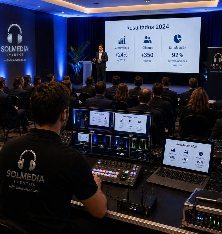 Sonido e imagen para eventos corporativos en Sevilla, pantalla profesional y presentación de marca