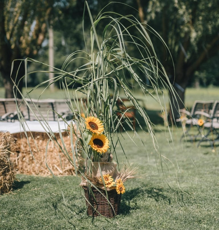 Rustikale Hochzeitsdekoration im Freien mit leuchtenden Sonnenblumen und hohem Ziergras