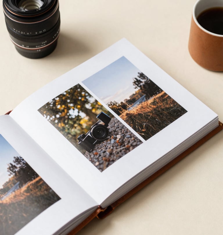 A top-down aesthetic shot of a leather-bound photography album and professional prints on a cream colored surface, clean and modern presentation with warm espresso accents.