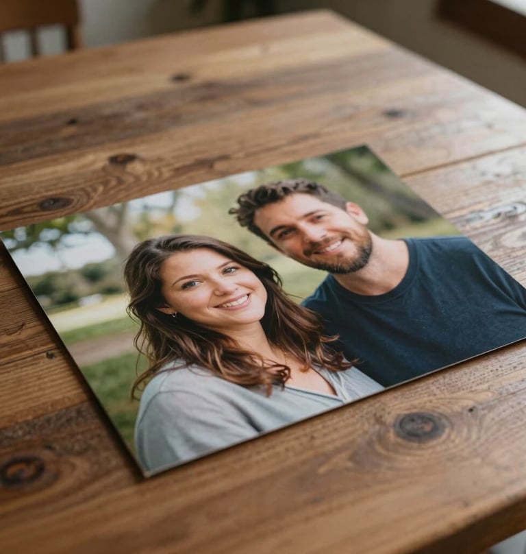 A high-quality photographic print of a couple's portrait on a rustic wooden table, North American / US home interior, soft natural light, muted wood brown palette.
