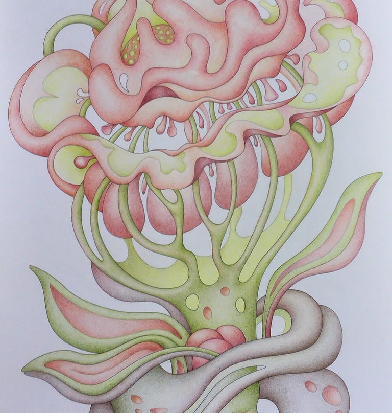 Colored botanical detail from Intuitive Dialogues in salmon pink and earthy green tones.