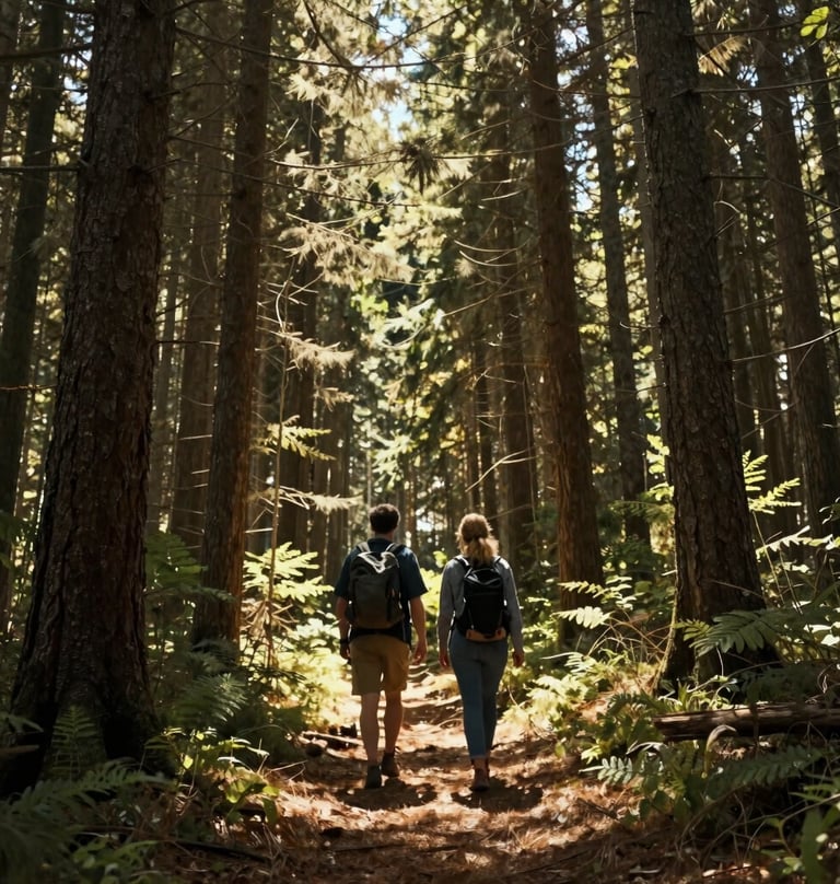 A wide cinematic shot of a couple walking through a majestic North American / US forest. Dappled sunlight filters through the trees, casting a warm glow. The mood is adventurous and authentic.