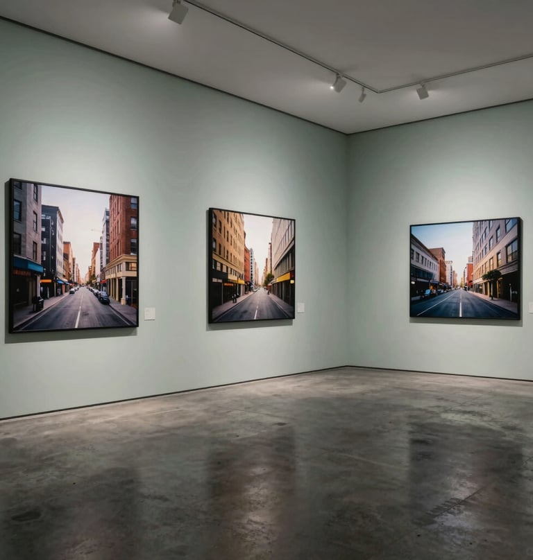 A wide, professional interior shot of a minimalist gallery. Large-scale photography prints of urban landscapes are hung on pale mist walls. The floor is a polished charcoal concrete, reflecting the soft sage lighting.