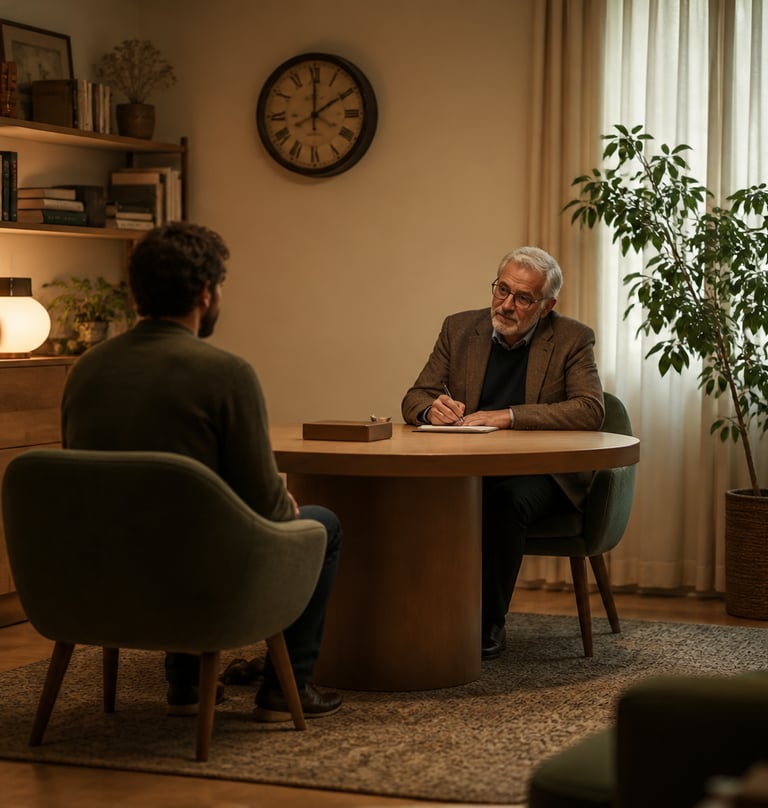 Une photo d'une séance de psychanalyse autour d'un bureau.