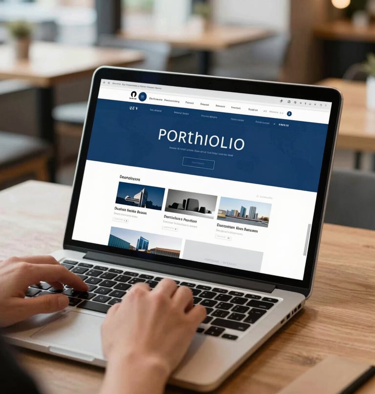 A professional person using a silver laptop in a bright, modern International / Western cafe, the screen showing a clean portfolio website with steel blue color blocks and sharp typography.