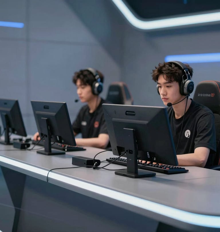 A sleek view of a professional commentator's desk on an esports set. Two high-end headsets sit on the desk alongside touchscreens. Background features abstract light patterns in #8EA7BF and #1F2E3A.