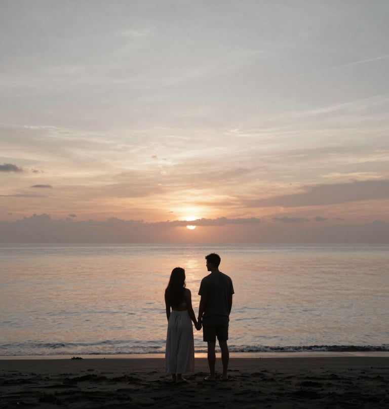 A serene shot of a couple standing on a black sand beach in Bali as the sun sets. The water reflects the warm, muted tones of the sky. Palette: #3F322A and #F8F5EF.