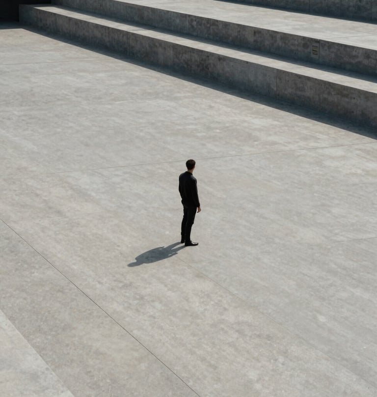 A cinematic, wide-angle photograph of a lone figure in dark clothing standing in a vast, open concrete plaza with strong geometric lines, Global / Contemporary Art.
