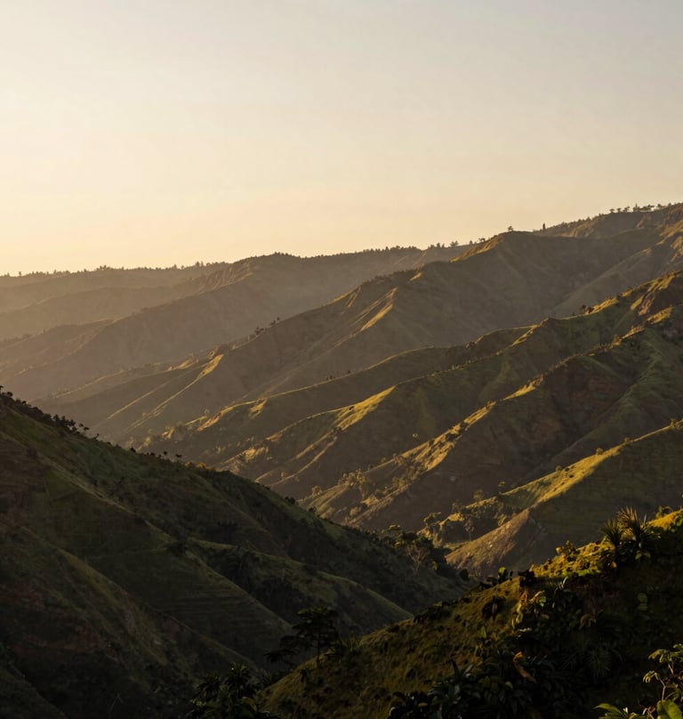 Breathtaking landscape of a South American coffee valley at sunset. The sky is a soft cream and the mountains are layered in shades of moss green and dark brown. Rule of thirds composition with a calm sky on the left.