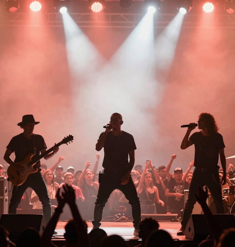 A vibrant action shot of a live concert performance, silhouettes against a wash of warm stage lights, energetic South American / Venezuelan crowd in the background. Palette colors used: Coral and Off-white.