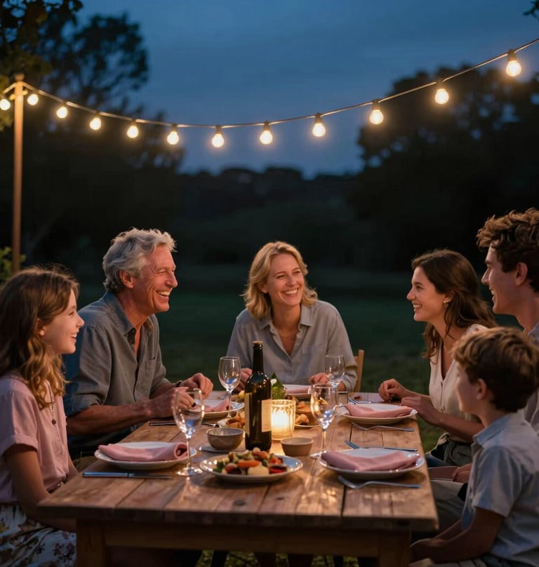 A North American / US family laughing together during an outdoor dinner party. String lights provide a warm glow against the deep navy evening sky, with dusty rose napkins on the table.