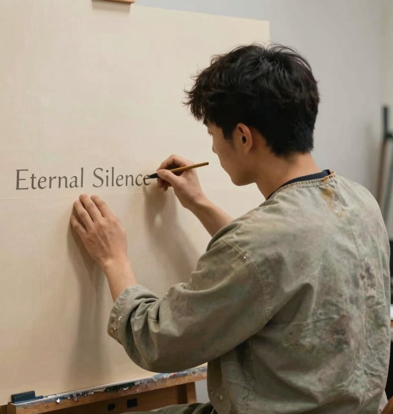 A personal, candid shot of the artist from behind, working on the 'Eternal Silence' piece. The artist is wearing a smock stained with #6B705C. The studio is filled with warm light and a serene, focused atmosphere.