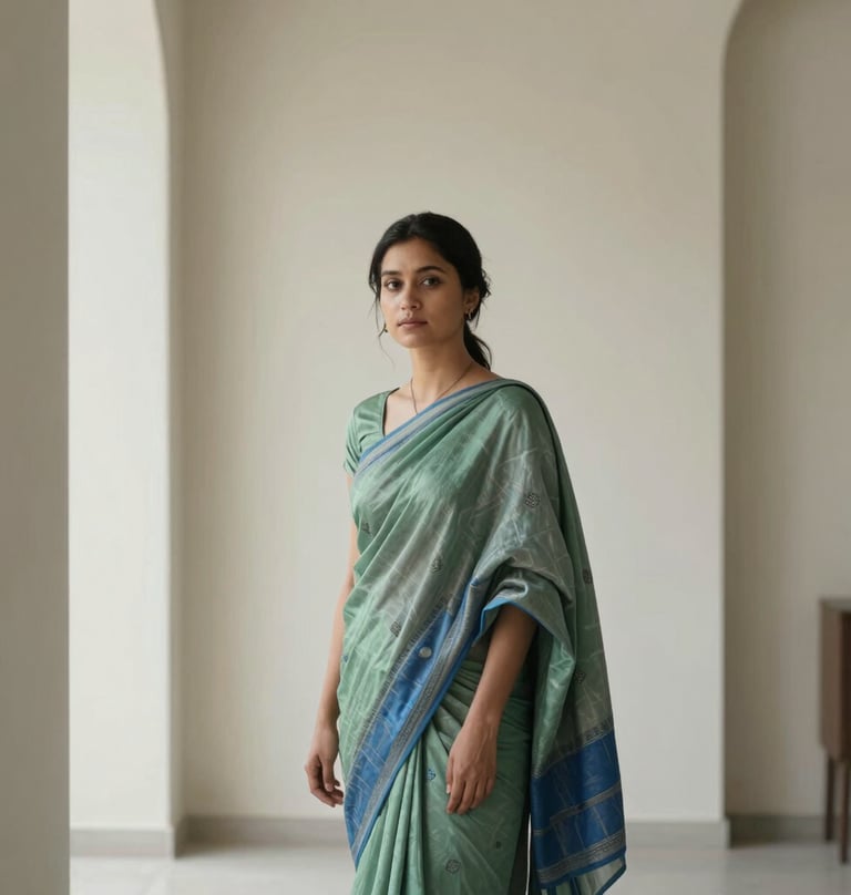 An editorial portrait of a creative professional in a East Asian / South Asian influenced for a global luxury audience architectural space, draped in layers of sage green and indigo textiles. The composition is clean and minimalist with strong vertical lines.