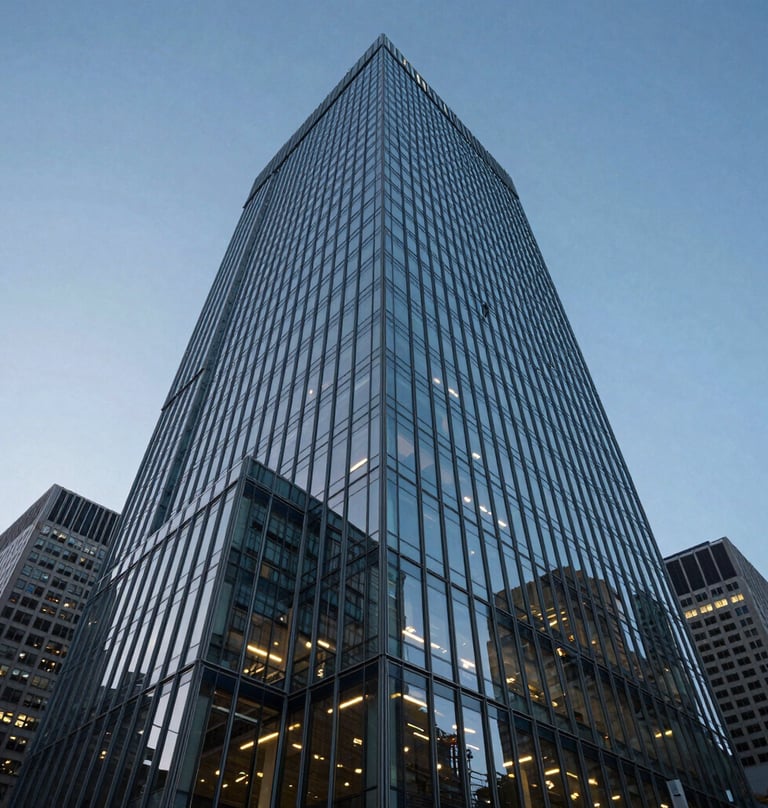 A cinematic low-angle shot of a modern glass skyscraper in a North American business district during the blue hour. The building's windows reflect the cool tones of the city, symbolizing a global corporate headquarters.