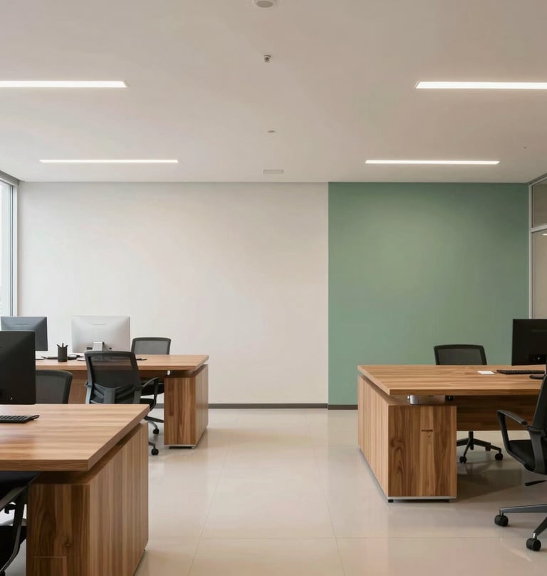 A wide architectural shot of a clean, minimalist office interior in Brazil, with wooden furniture and a color palette of off-white and muted green.