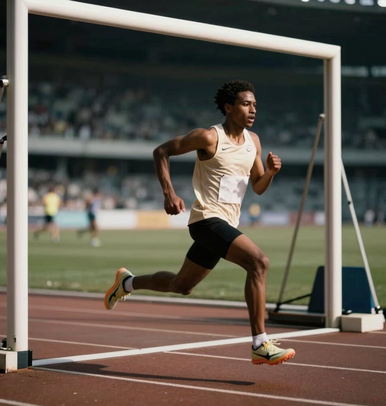 A blurred motion photograph of a runner exiting a stadium gate, off-white jersey against charcoal shadows, capturing a moment of intense movement and focus.