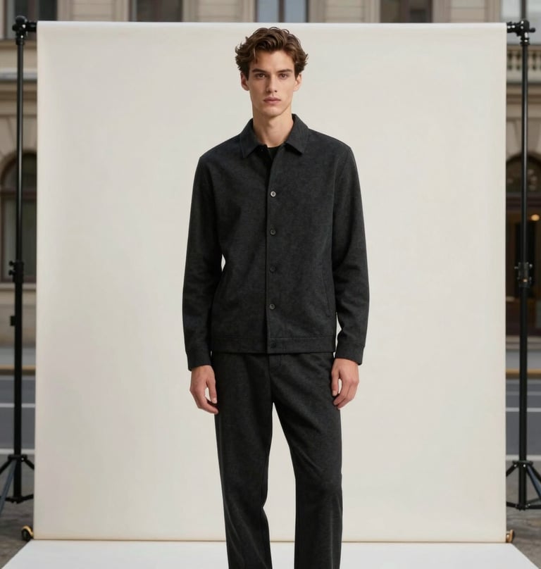 Vertical fashion photography portrait for a commercial campaign, minimalist backdrop in soft off-white, model wearing dark charcoal black attire, Central European urban setting.