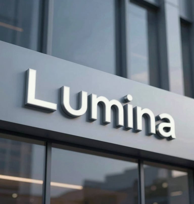 A corporate building exterior with the Lumina logo subtly integrated into the signage. Professional lighting, dusk setting, using #0D1B2A and silver tones.