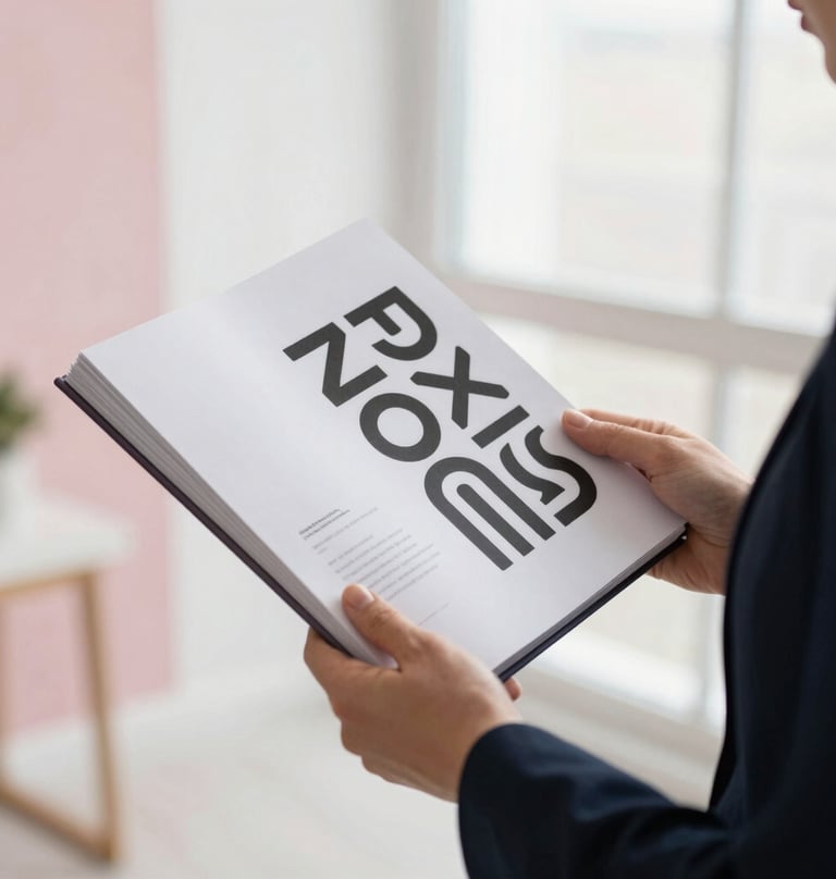 Close-up of a person dressed in professional attire, holding a high-end printed portfolio book featuring typographic designs. The setting is a bright, airy North American interior with soft pink and white tones in the background.
