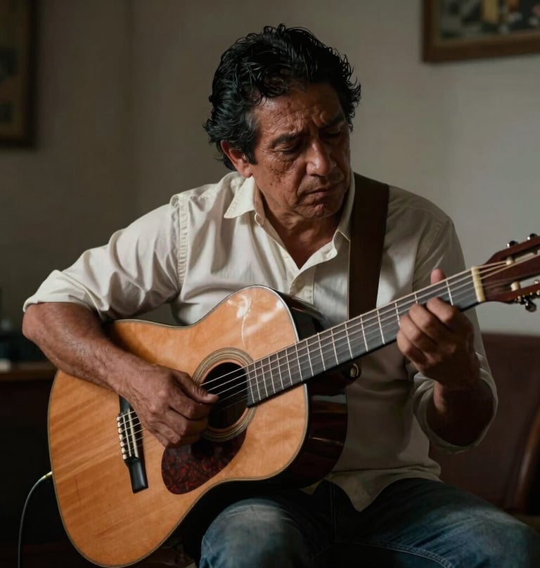 A cinematic shot of a musician playing an acoustic guitar in a dimly lit room, soft off-white light hitting the strings, atmosphere of a moody South American / Colombian evening.