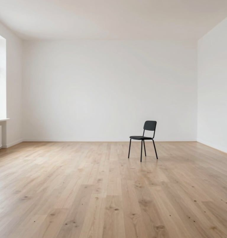 A wide, cinematic shot of an empty minimalist studio space with white walls and a light wood floor. A single, refined black (#1A1A1A) chair stands in the distance. Soft light pours in from an invisible source, highlighting the 'space' and 'air' of the brand.