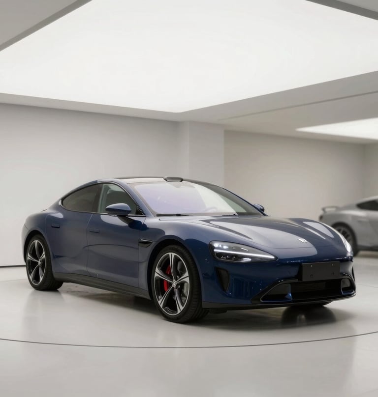 Wide shot of a navy blue luxury car #0A1E3C after a full PDR treatment, parked in a minimalist showroom. The lighting emphasizes the perfection of the curves and the depth of the original paint.