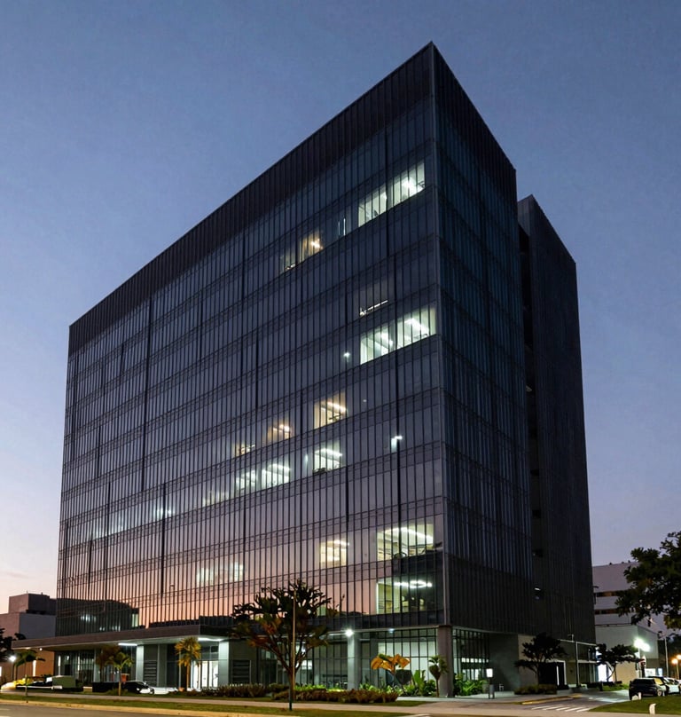 Atmospheric wide shot of a modern, dark Brazilian office building exterior at dusk. Minimalist architecture with sharp white lights and a hint of dark green shadows.