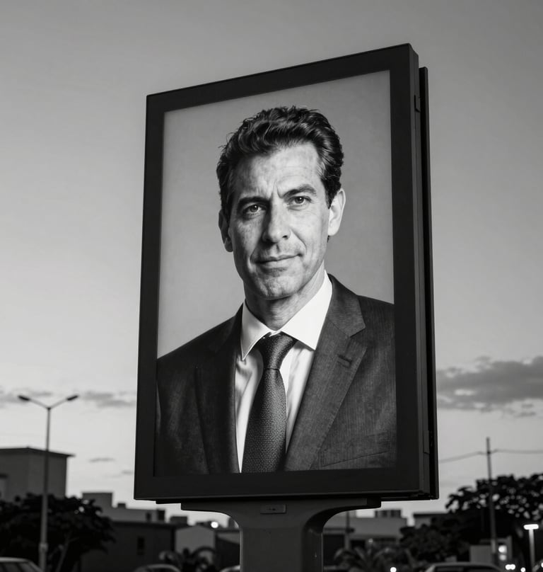 An editorial photograph of an outdoor billboard in Brasília at dusk. The billboard features a high-contrast black and white portrait of a professional. The surrounding environment is clean and desaturated, highlighting the advertisement.