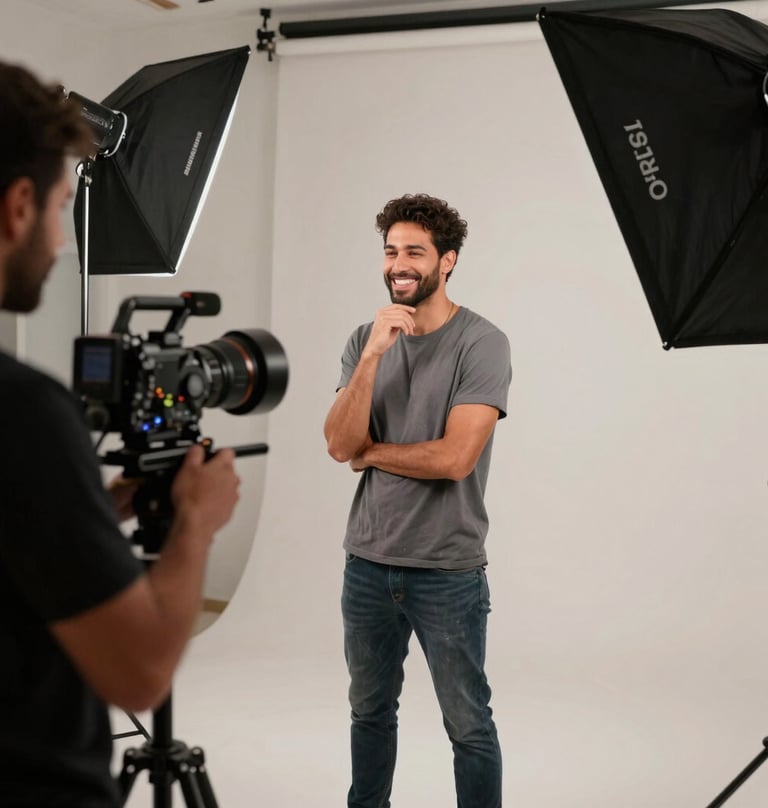 Behind-the-scenes photography of a video production in a modern studio. The scene shows lighting equipment and a charismatic influencer in action. The color palette includes slate gray and off-white, set in a professional South American / Brazilian context.
