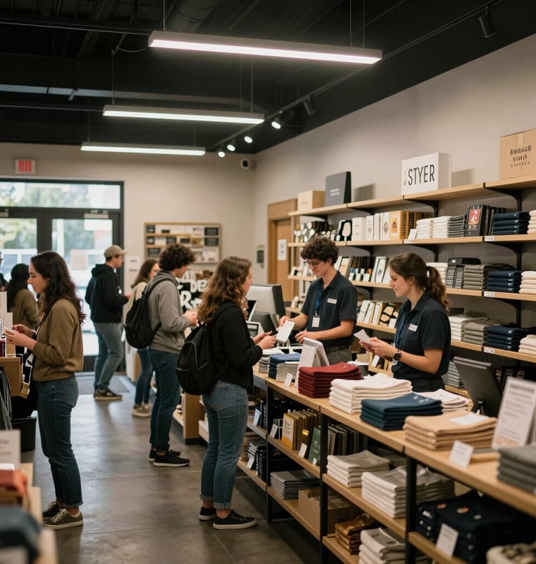 A dynamic photo of a thriving retail environment in the Northwest US with customers interacting warmly with local staff, natural dramatic commercial lighting.