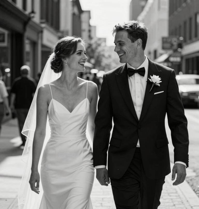 A candid black and white photograph of a bride and groom laughing together during a stroll through a North American / European city street. The shadows are deep charcoal black and the highlights are a crisp off-white.