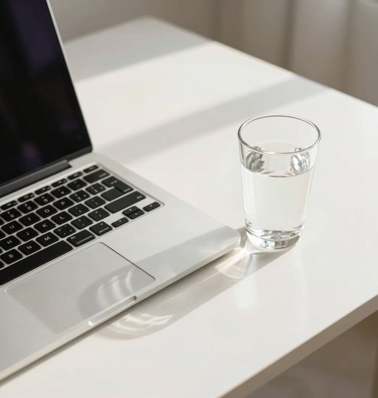 A clean and professional workspace with a sleek laptop and a glass of water on a white desk. Sunlight creating soft natural shadows. International / Professional. Colors: white, off-white, and light grey.
